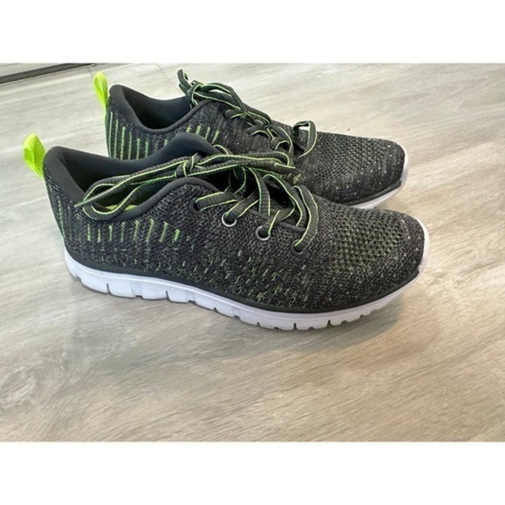 Kids Athletic Sneakers Dark Gray Neon Green Lace Up Gym Running Shoes Size 2 - Picture 2 of 6